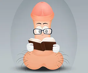 Cartoon of a penis with glasses and gloves reading a book, set against a plain grey background.