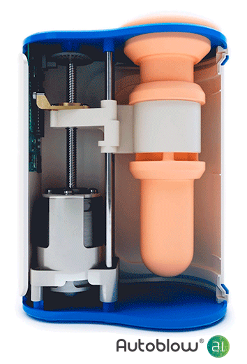 Cutaway view of an automated device with mechanical components, including a motor and cylindrical sleeves, displayed with the Autoblow AI logo at the bottom.