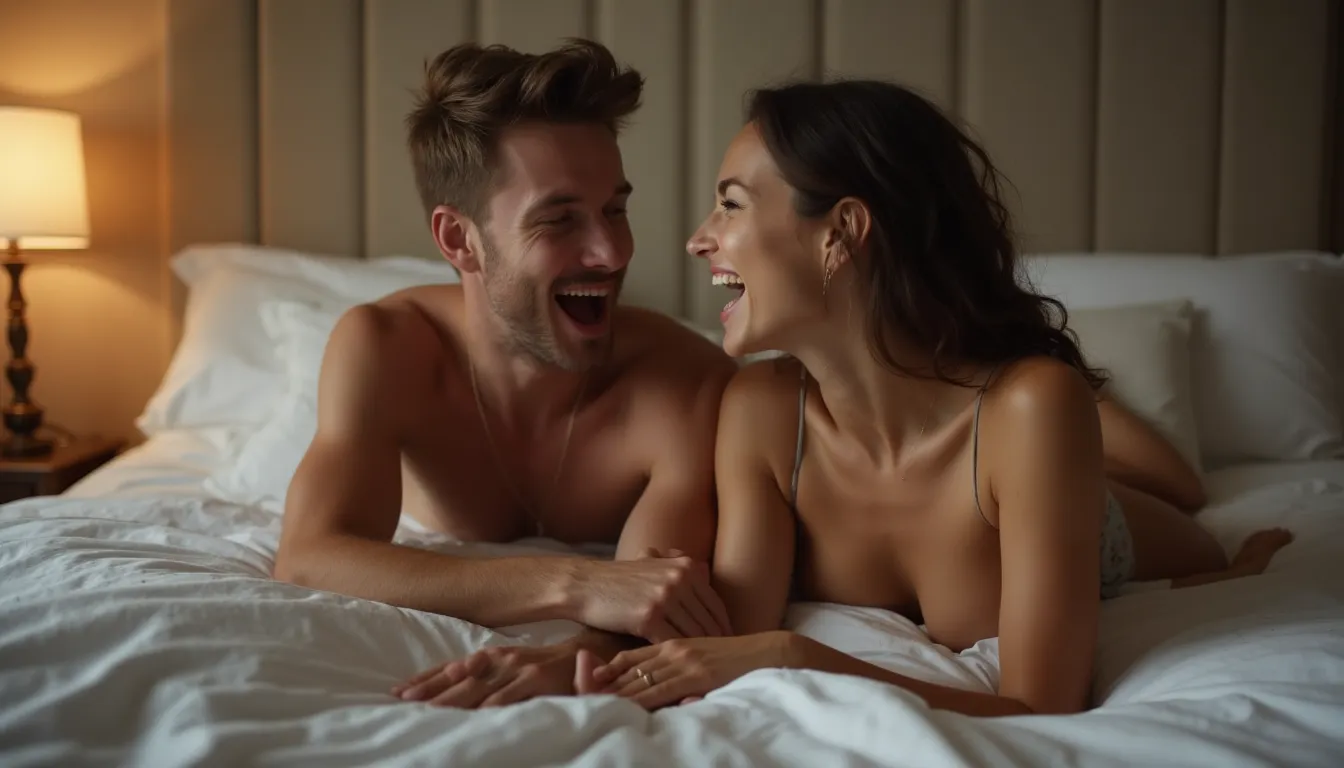 A man and woman are lying together on a bed, smiling and laughing, in a warmly lit bedroom.