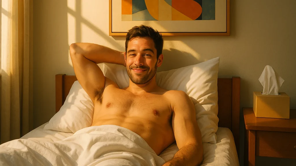 A shirtless man lies in bed under a white sheet, smiling at the camera as he basks in the afterglow of a wonderful masterbation session. Sunlight streams in through a window. A tissue box on the bedside table hints at moments of health-focused self-care.