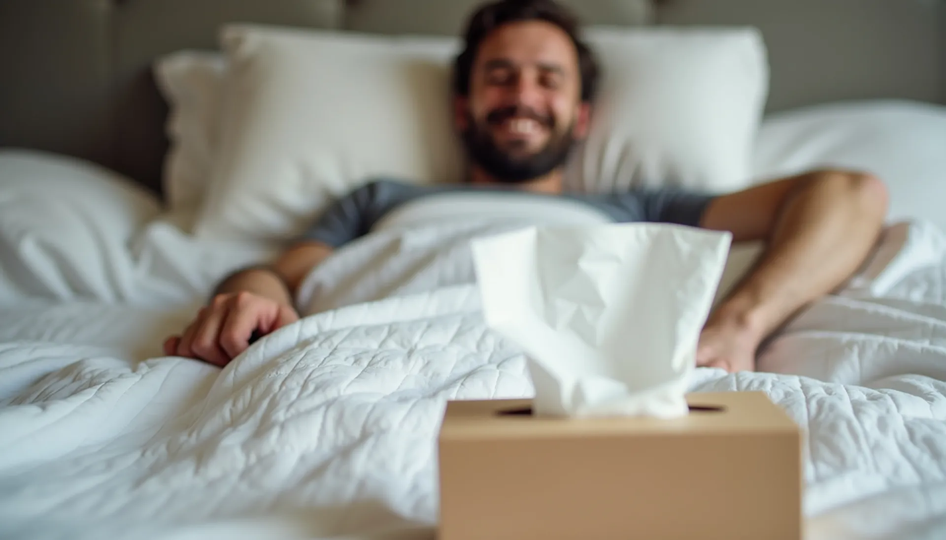 A man is lying in bed under a white comforter with a box of tissues in the foreground, as if following a guide to male masturbation.
