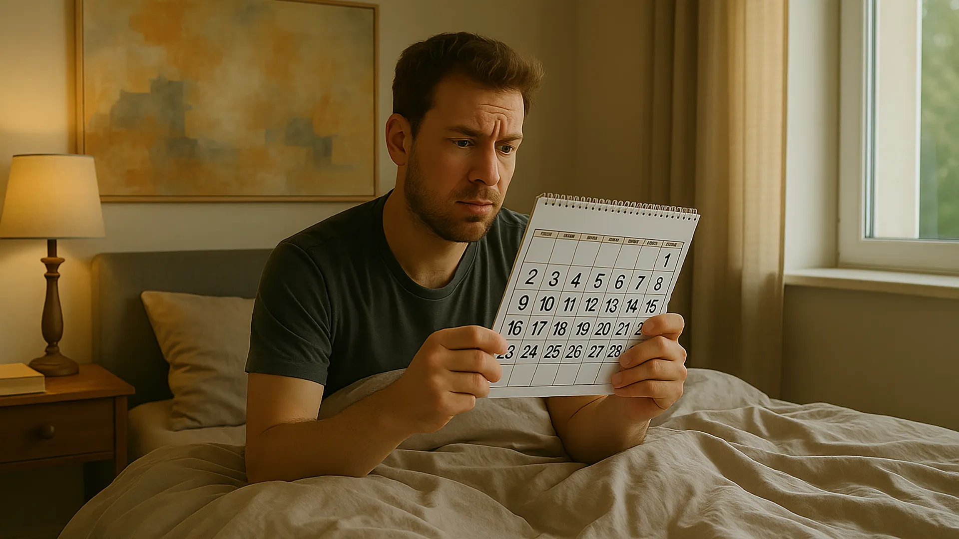 A man sits in bed holding a calendar, looking at it with a concerned expression while thinking how often should men ejaculate?