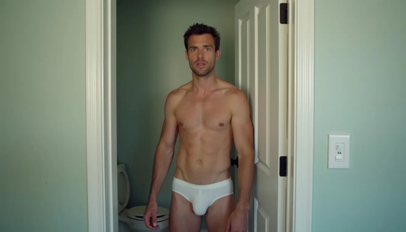 A man wearing only white briefs stands in a doorway to a bathroom with a toilet visible behind him as he ponders ejaculation frequency, prostate health, and how to get a harder penis.