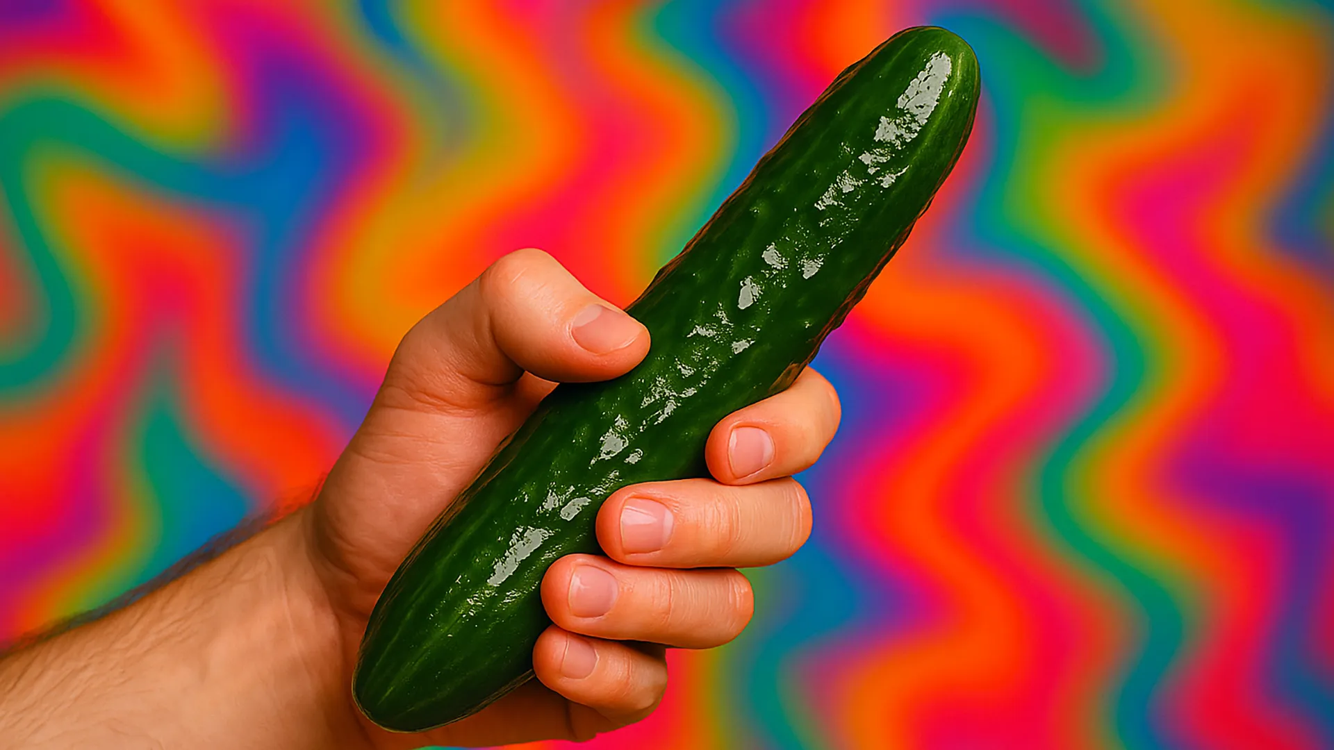 A hand holding a cucumber as if he is masturbating it in front of a vibrant, multicolored wavy background.
