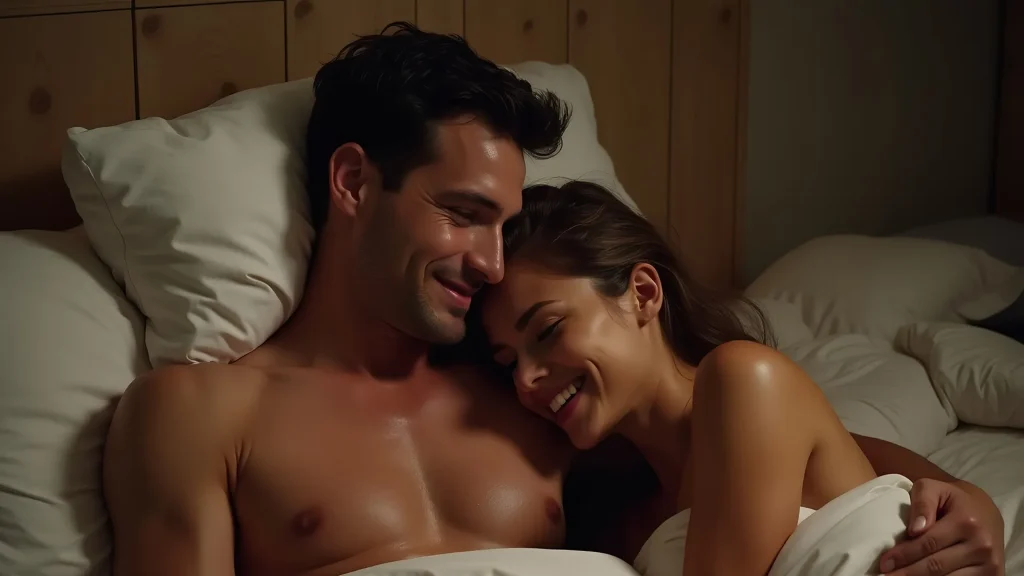 A smiling couple lies in bed under white sheets, embracing each other closely in a warmly lit bedroom.