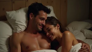 A smiling couple lies in bed under white sheets, embracing each other closely in a warmly lit bedroom.