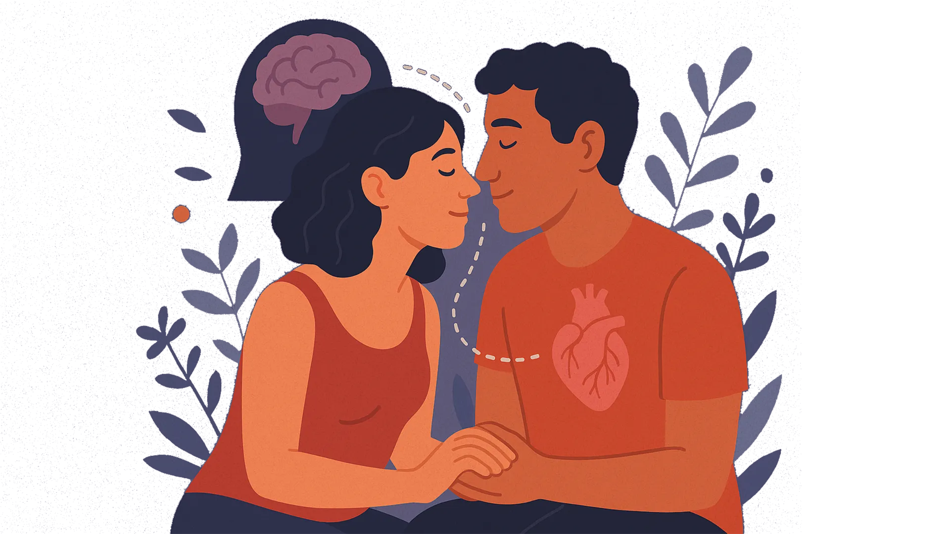 Illustration of a couple sitting closely, touching foreheads, with icons showing a brain in the woman's head and a heart in the man's chest, symbolizing ways to last longer in bed and improve bedroom performance.