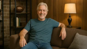 A smiling middle-aged man with gray hair sits on a brown sofa in a warmly lit living room, unaware that subtle symptoms of low testosterone can affect men as they age.