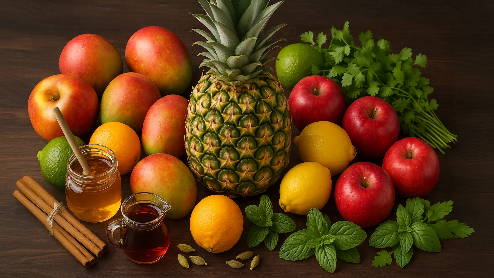 A variety of fresh fruits including pineapple, apples, mangoes, lemons, and limes—known to improve semen flavor—are paired with honey, cinnamon sticks, cardamom pods, mint, and cilantro on a dark wooden surface.
