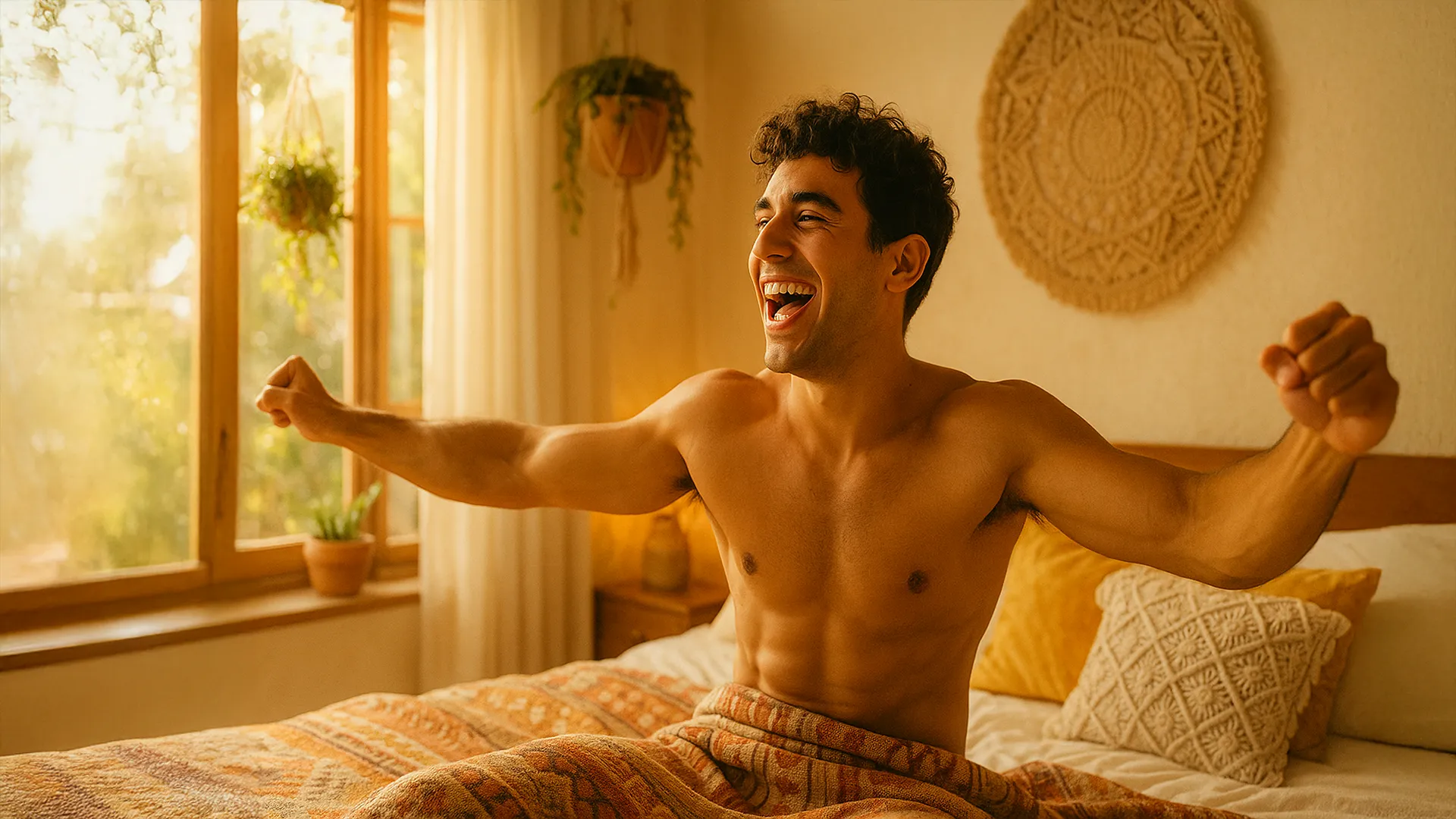 A man sits on a bed stretching his arms and smiling in a sunlit bedroom with plants and decorative pillows, embodying confidence and vitality—qualities often sought by those wanting a stronger erection.
