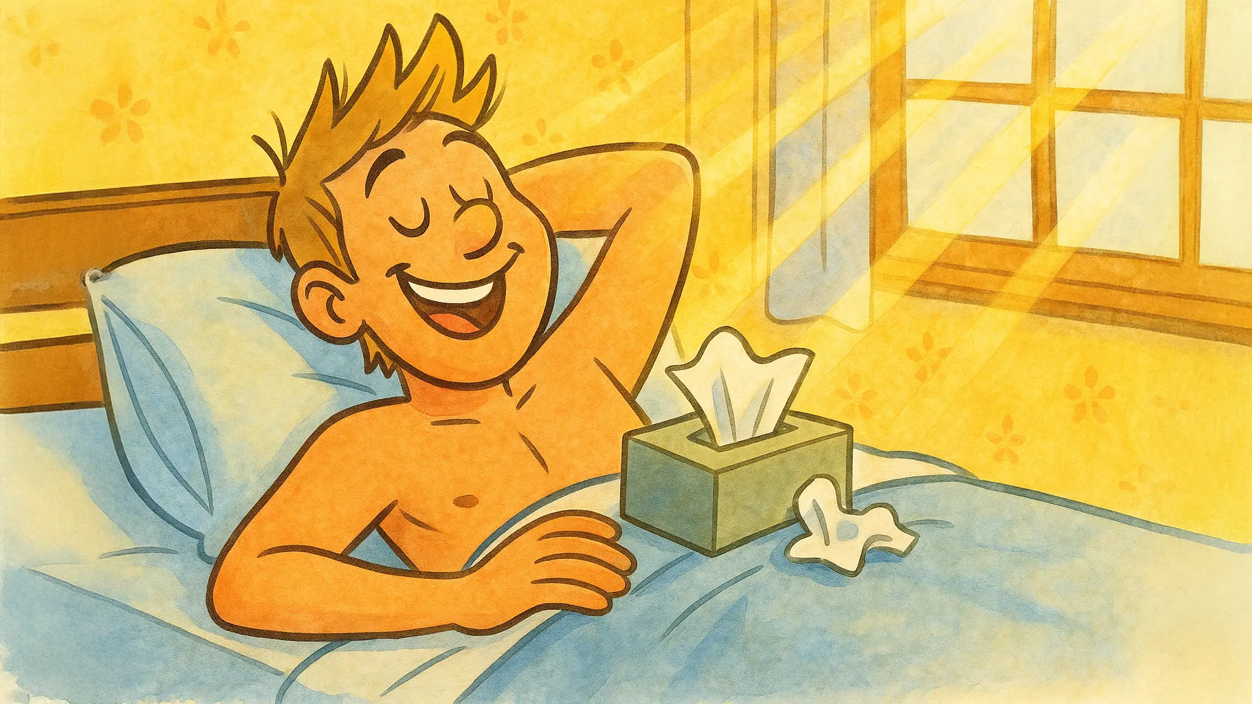 A smiling man lies in bed with a tissue box nearby to clean up semen after masturbating, sunlight streaming through a window.