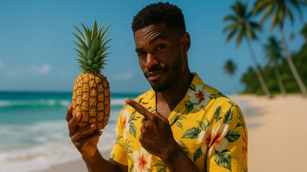 A man in a yellow floral shirt stands on a tropical beach, holding and pointing at a pineapple—a fun nod to tips on how to make your semen taste better. Palm trees and ocean are visible in the background.