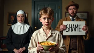 A boy in pajamas holds a bowl of corn flakes, standing between a stern nun and a man holding a sign that reads "SHAME" in a serious indoor setting.