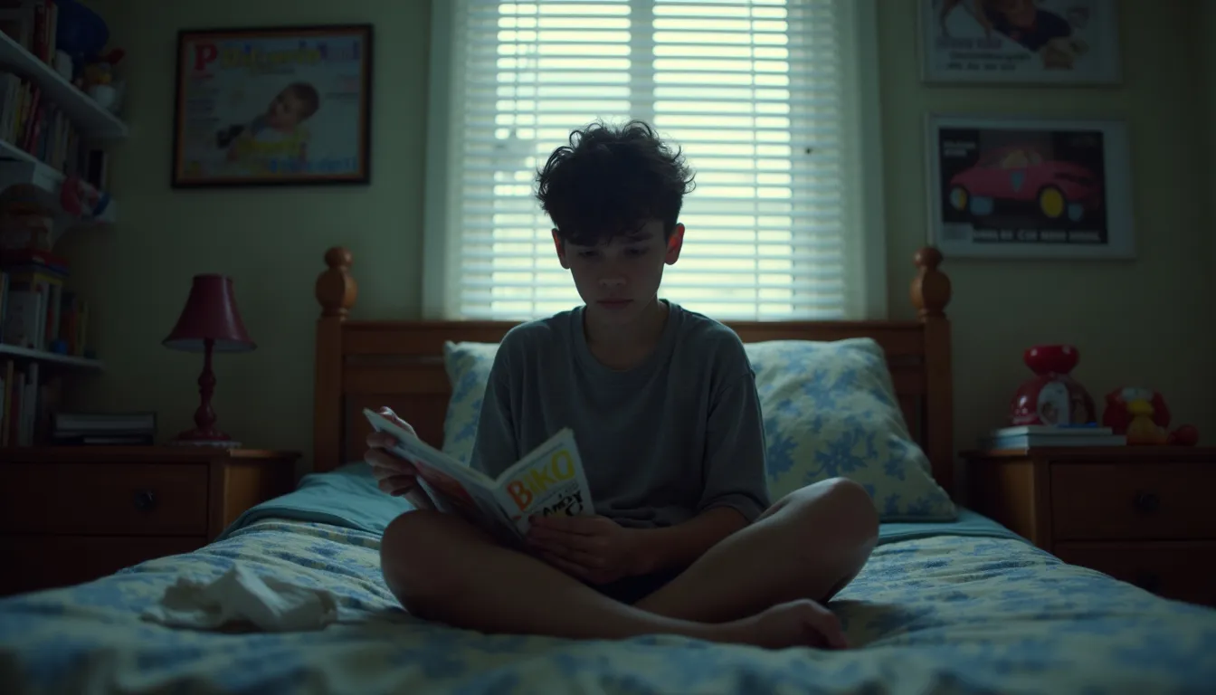 A young person sits cross-legged on a bed reading a book on sexual wellness in a softly lit bedroom with posters and shelves on the walls as he contemplates male masturbation.