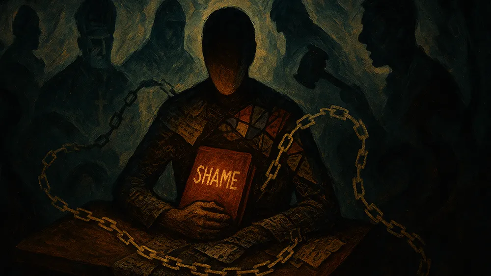 A faceless figure holds a book labeled "Shame," surrounded by shadowy figures and chains, evoking a somber atmosphere that reflects the weight of sexual guilt.