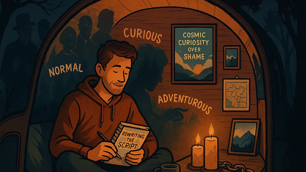 A person sits in a cozy, dimly lit room writing "Rewriting the Script," surrounded by candles and art, with words like "Curious," "Normal," and "Adventurous" on the walls—reflecting on sexual guilt and discovering self-acceptance.