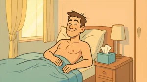 A shirtless man lies in bed smiling, covered with a blue blanket. A box of tissues sits on a bedside table to clean up semen from masturbating. Light comes through a window with curtains.