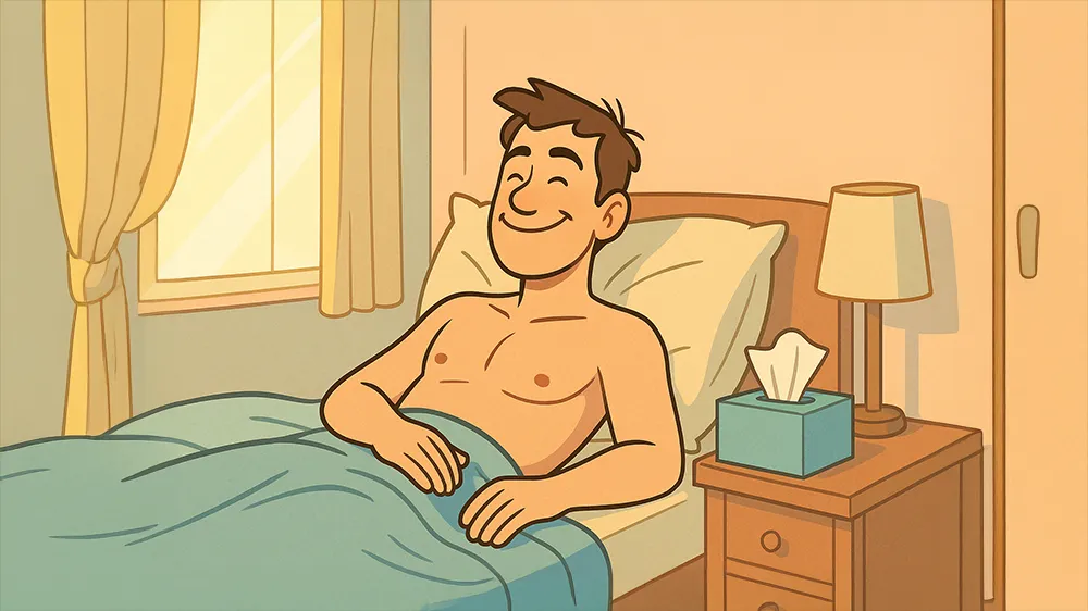 A shirtless man lies in bed smiling, covered with a blue blanket. A box of tissues sits on a bedside table to clean up semen from masturbating. Light comes through a window with curtains.
