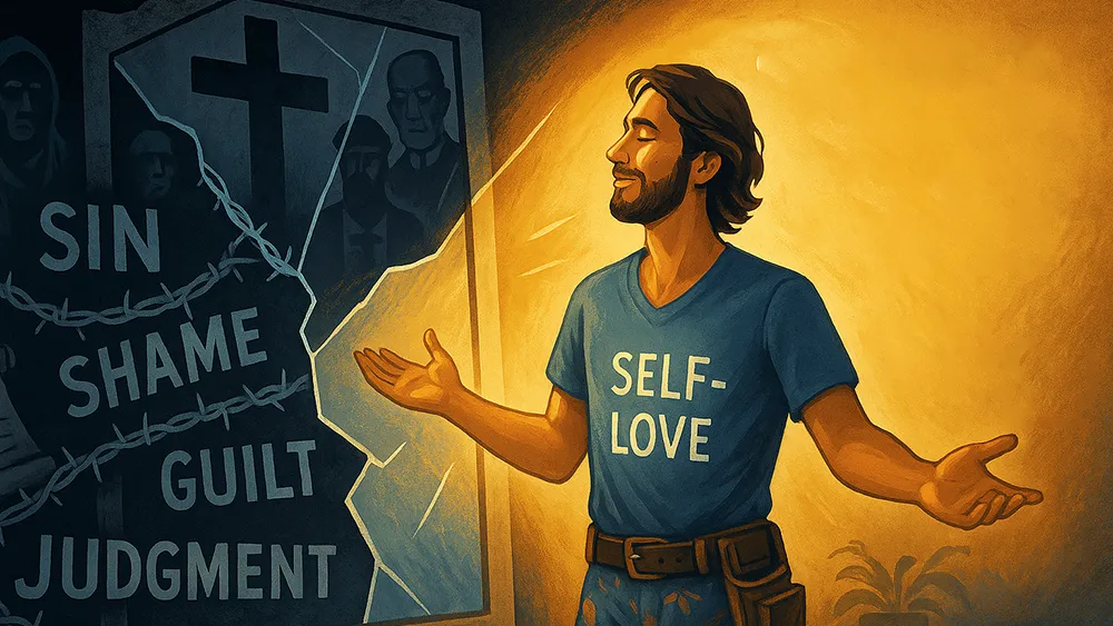 A man in a "SELF-LOVE" shirt stands with open arms before a broken mural labeled "SIN," "SHAME," "GUILT," and "JUDGMENT," illuminated by warm light, symbolizing freedom from sexual guilt and shame.