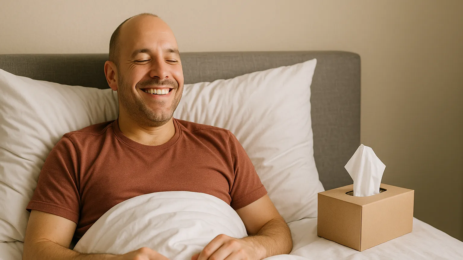A man sits up in bed smiling, covered with a white blanket, with a box of tissues on the bedside table next to him—perhaps pondering how to make your semen taste better or looking for ways to improve semen flavor.