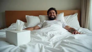 A bearded man in a white shirt lies smiling in bed with white linens, a box of tissues beside him—embracing relaxation and men's sexual wellness.