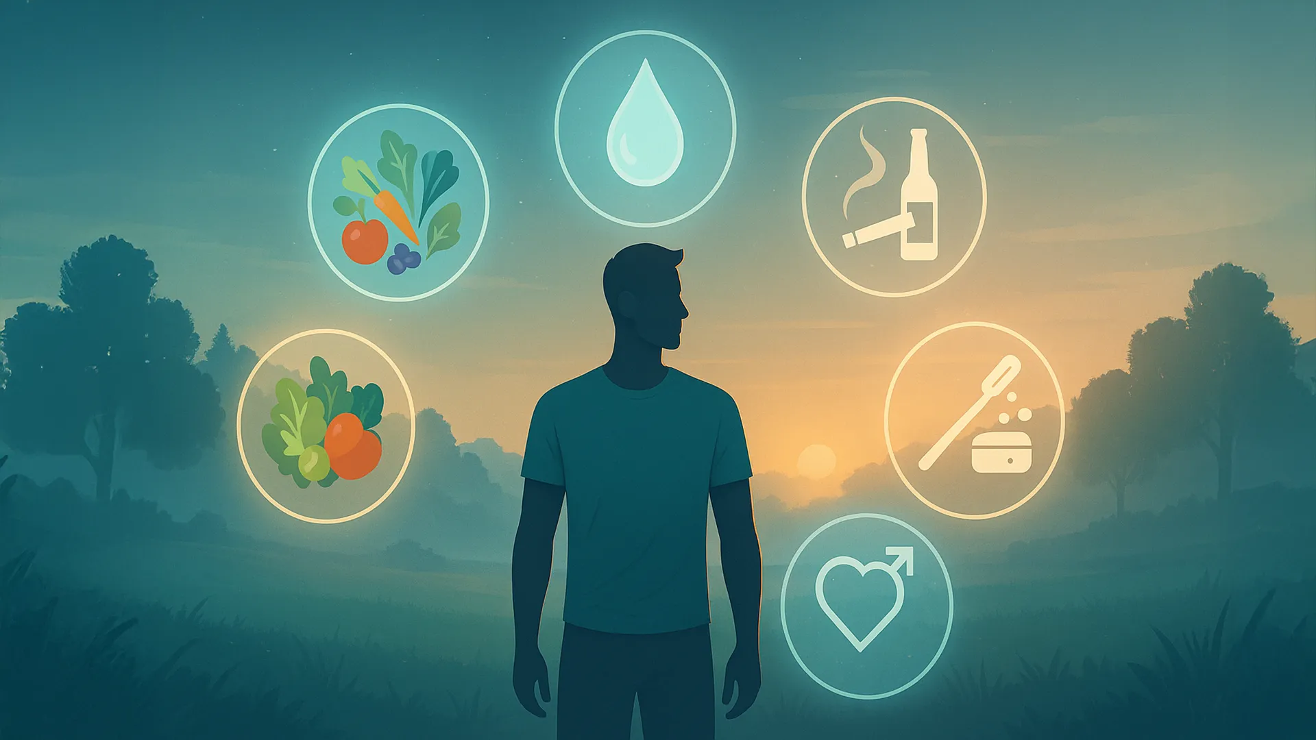 Silhouette of a man surrounded by icons representing healthy foods, hydration, and heart health—suggesting ways to improve semen flavor—set against a sunrise background.
