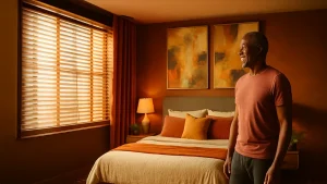 A man stands smiling in a warmly lit bedroom with orange and beige decor, featuring a bed, two abstract paintings, and a window with blinds letting in sunlight—an inviting space to focus on wellness strategies for men.