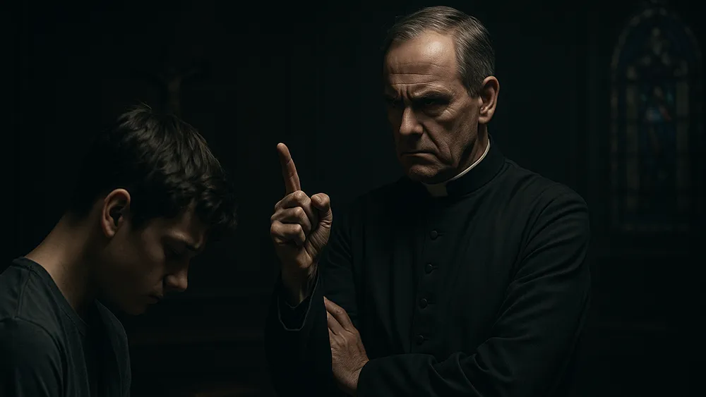 A stern clergyman raises his finger while a young man, burdened by sexual guilt, sits with his head bowed in a dimly lit room.