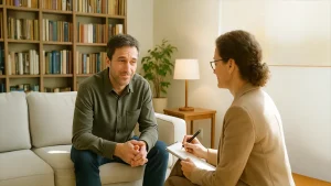 A man sits on a sofa talking to a woman who is taking notes on a clipboard in a room with bookshelves and a lamp, as they discuss symptoms and treatment options for depression in men.