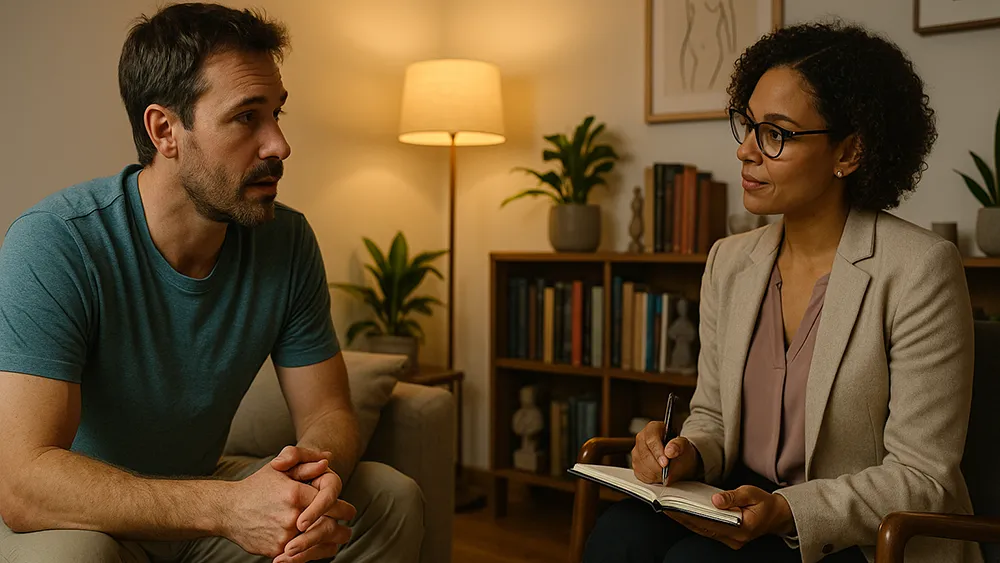 A man sits on a couch talking to a woman with a notebook, likely a therapist, in a warmly lit room with bookshelves and plants, as he opens up about feelings of masturbation guilt.
