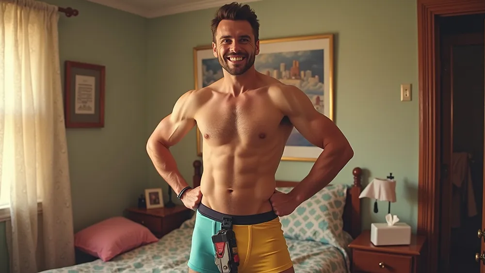 A smiling, shirtless man stands in a bedroom with his hands on his hips, wearing color-block shorts and a fitness tracker, embracing himself confidently without a trace of sexual shame. The room features a made bed, a painting, and soft natural light.