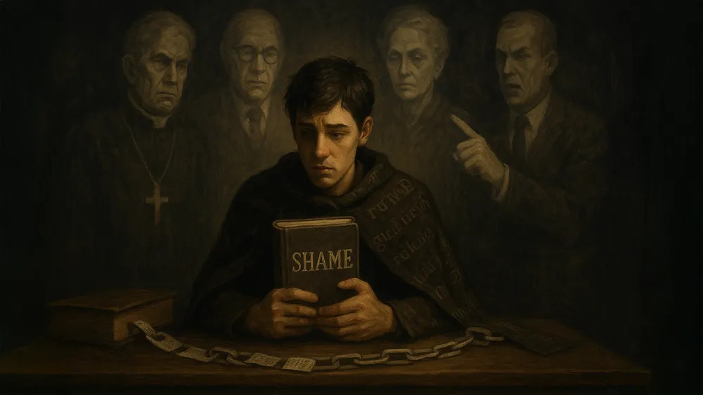 A solemn young man sits at a table holding a book labeled "Shame," haunted by sexual guilt. Four older figures in the background, one pointing, and a chain lies across the table.