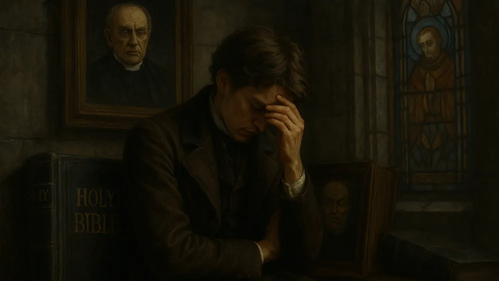 A man sits with his head in his hand, appearing distressed by masturbation guilt, in a dim room with a large Bible, portraits, and a stained glass window in the background.