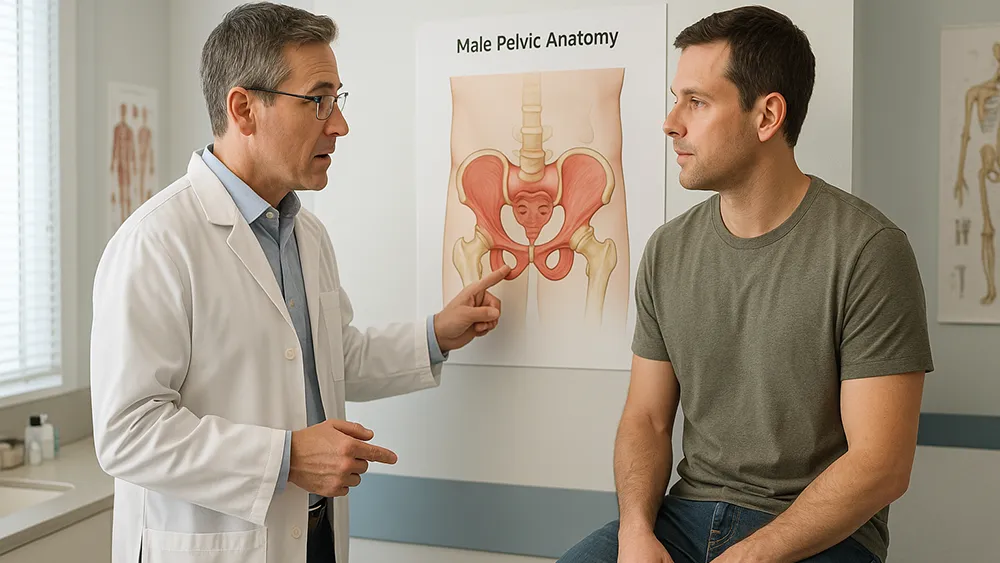 A doctor explains male pelvic anatomy to a seated male patient using a diagram in a medical office, highlighting how Kegel Exercises for Men can lead to firmer erections and stronger ejaculations.