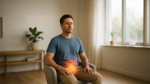A man sits with eyes closed on a chair indoors, hands on thighs, with a glowing light effect around his lower abdomen, suggesting the benefits of Kegel exercises for men.