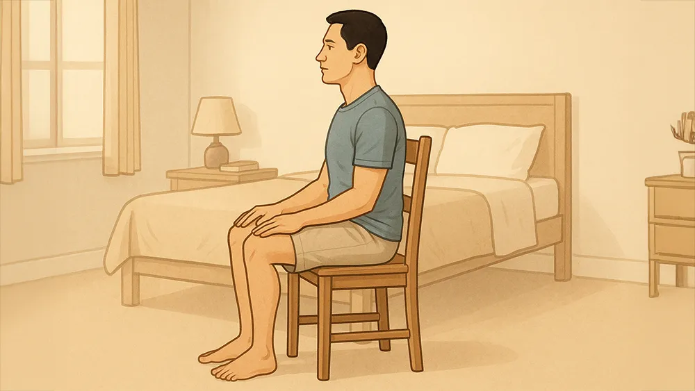 A man sits upright on a wooden chair in a bedroom, feet flat on the floor and hands resting on his thighs, practicing Kegel Exercises for Men to help achieve firmer erections.