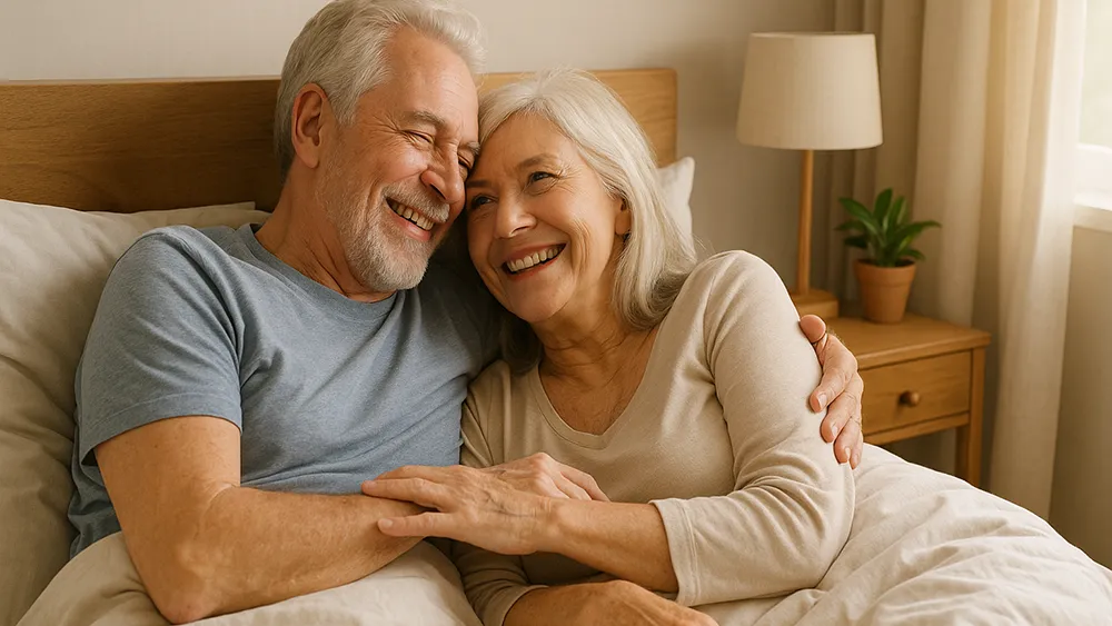 An elderly couple smiles and embraces while sitting up in bed, with a bedside table, lamp, and potted plant in the background—celebrating intimacy supported by Kegel Exercises for Men for firmer erections.
