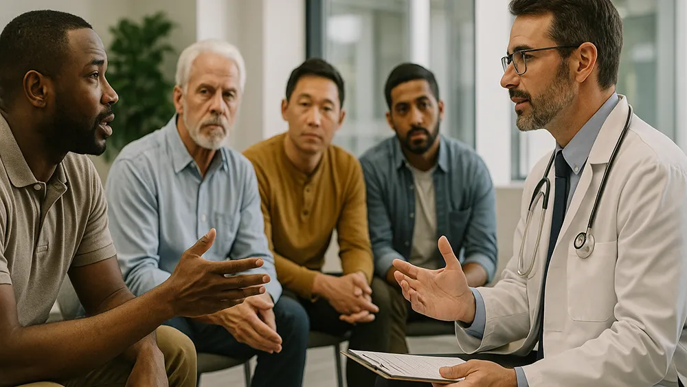 A doctor speaks with four men seated in a circle, suggesting a group therapy session in a clinical setting focused on topics like Kegel Exercises for Men to support firmer erections and stronger ejaculations.