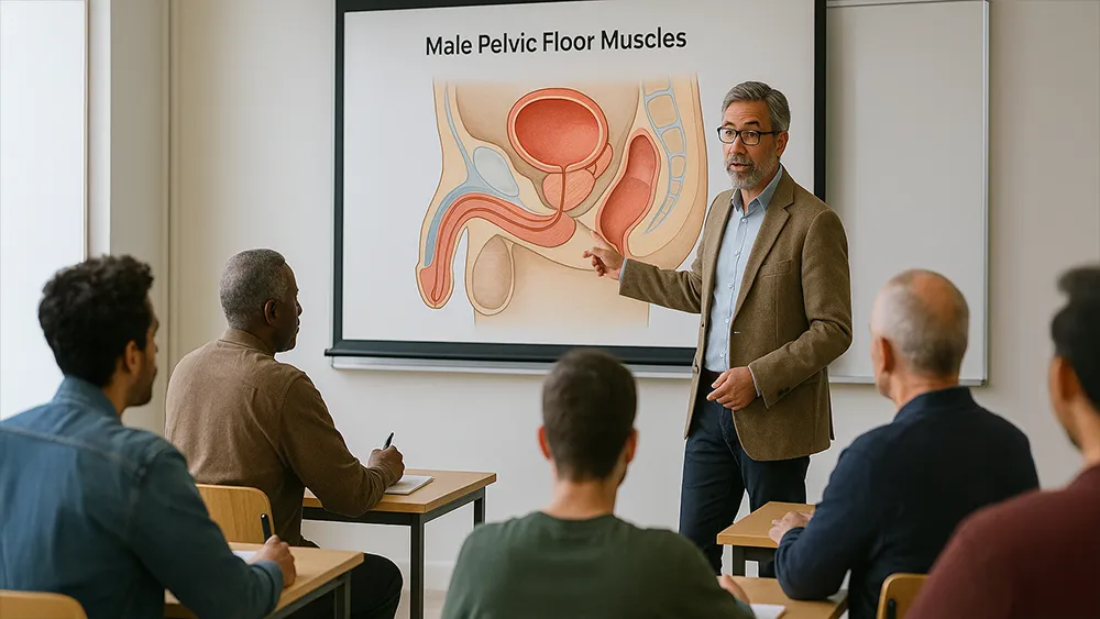 A man stands and points to a diagram of male pelvic floor muscles on a screen, explaining how Kegel Exercises for Men can lead to firmer erections, while several people sit at desks and take notes.