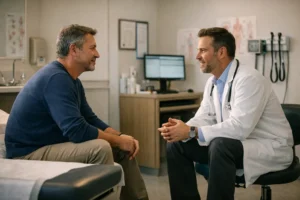 A doctor in a white coat speaks with a seated male patient in a medical office, both appearing engaged in conversation about sexual health.