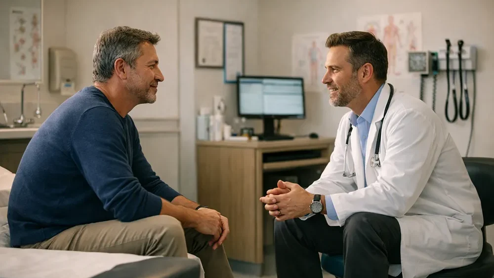 A doctor in a white coat speaks with a seated male patient in a medical office, both appearing engaged in conversation about sexual health.