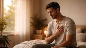 A man sits on the edge of a bed in a softly lit bedroom, one hand on his chest and eyes closed, appearing thoughtful as he reflects on self-love and male sexuality.