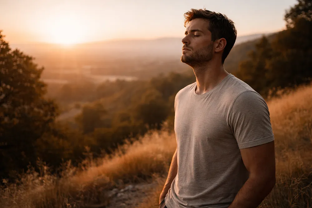 A man stands outdoors on a grassy hillside at sunset with his eyes closed, embracing self-love for men. He wears a light gray t-shirt as trees and a hazy sky form the backdrop.