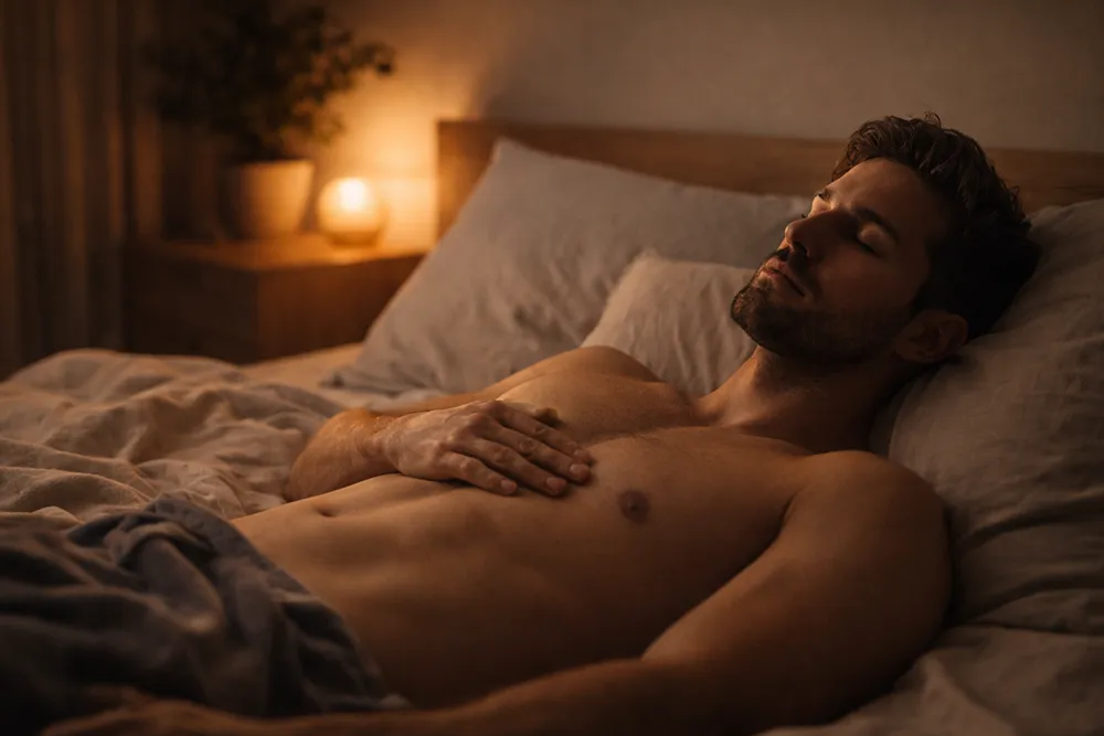 A shirtless man lies on his back in bed, one hand on his chest, eyes closed, embodying self-love in a dimly lit bedroom with a lamp and plant in the background.