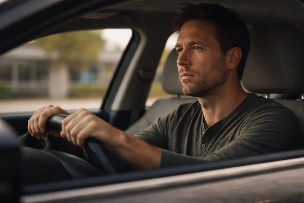 A man sits in the driver’s seat of a car, holding the steering wheel with both hands, looking ahead with a serious expression, lost in thought about his mental health.