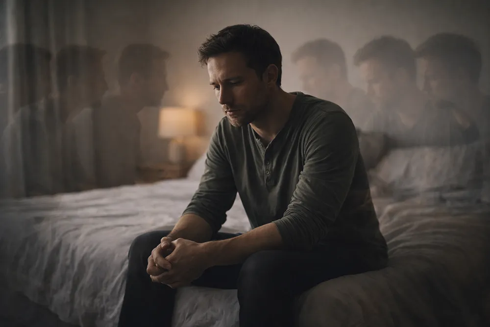 A man sits on the edge of a bed with his hands clasped, surrounded by blurred multiples of himself, suggesting a sense of contemplation or inner struggle related to mental health.