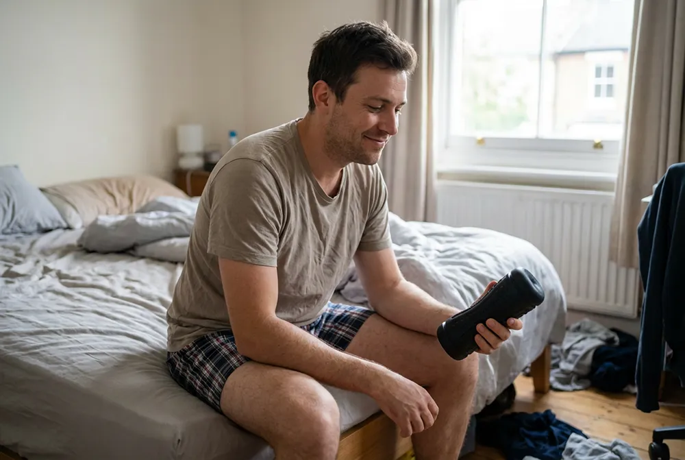 A man sits on a bed in a messy bedroom, wearing a t-shirt and plaid shorts, holding a black portable speaker and smiling, suggesting he’s confident about his sexual health and comfortable discussing topics like sex life.