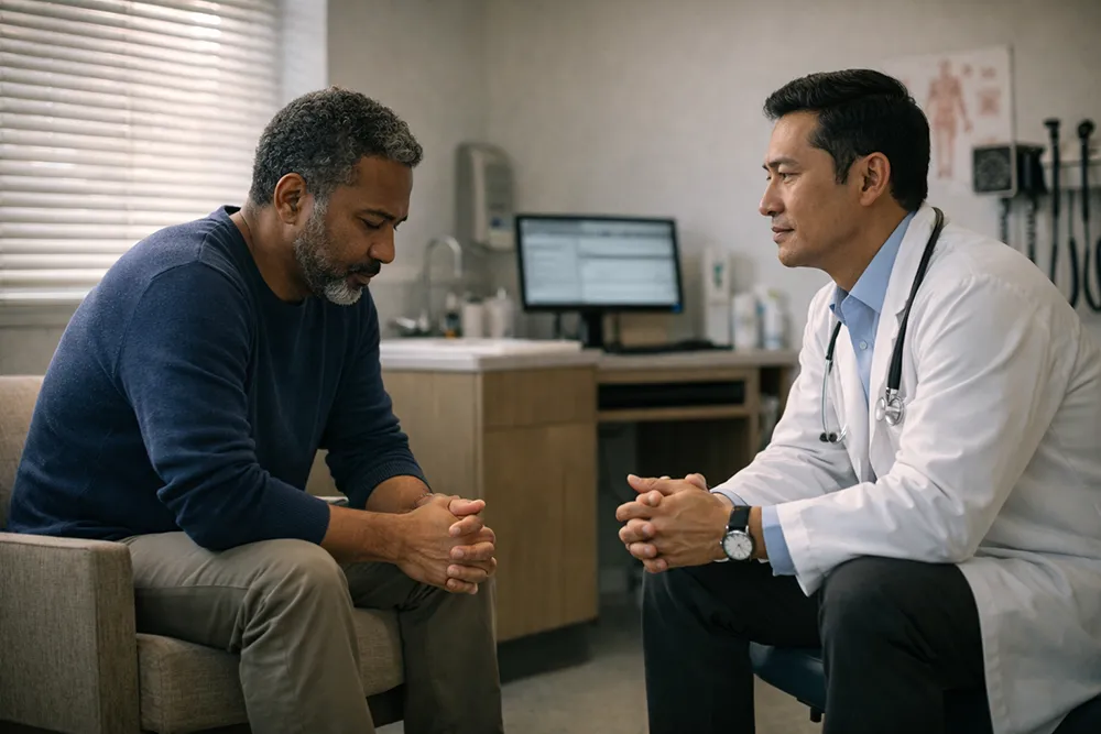 A doctor in a white coat sits across from a patient in a clinic, both seated, engaged in a serious conversation about mental health and the importance of discussing your sex life openly.