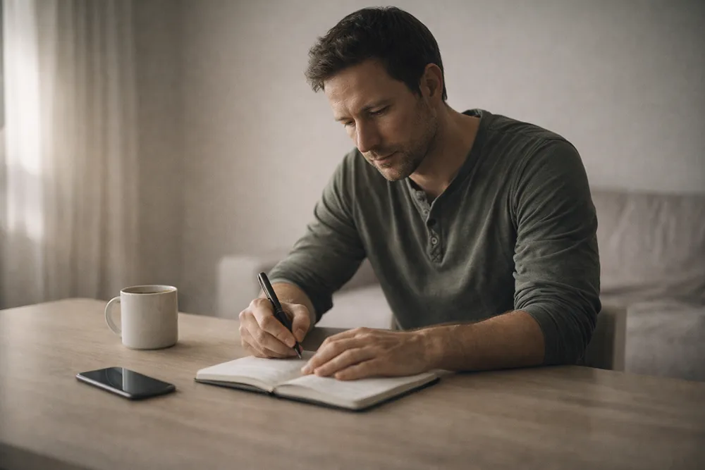 A man sits at a table writing in a notebook, with a cup of coffee and a smartphone beside him, taking time to reflect on his mental health.