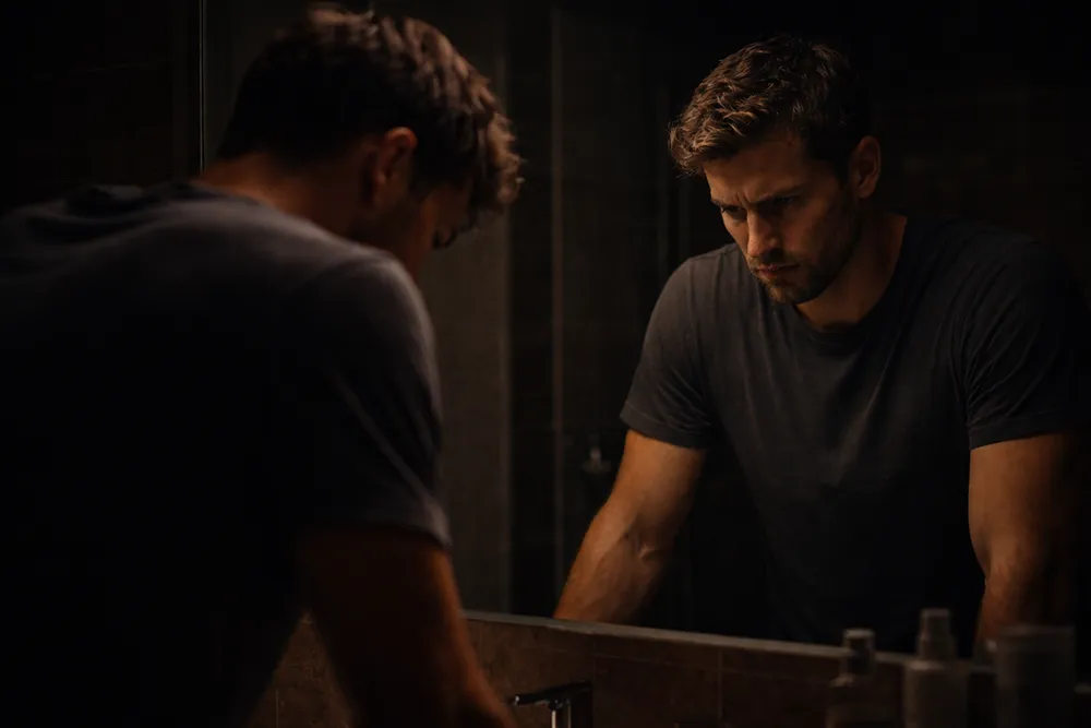 A man in a dark t-shirt stands at a bathroom sink, leaning forward and looking down with a serious expression, reflecting on self-love for men in the mirror.